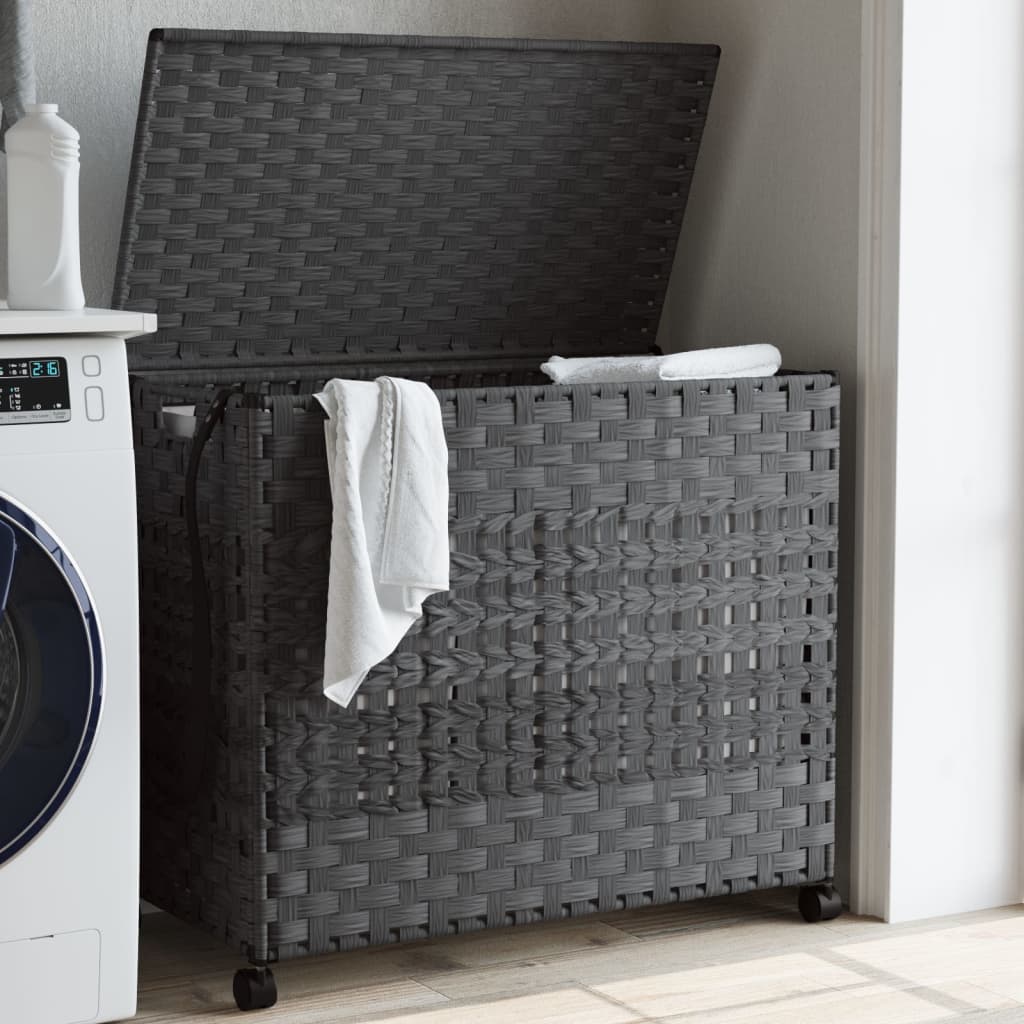 vidaXL Wasmand op Wielen 66 x 35 x 60 cm - Rattan - Grijs - 3 Vakken - Inklapbaar