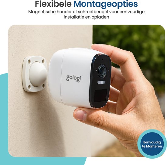 Gologi Draadloze Beveiligingscamera voor Buiten en Binnen - Bewakingscamera met Accu 5200 mAh - USB-C Oplaadbaar - Nachtzicht - Bewegingsdetectie - Magnetische Montage - 4MP HD Camera WiFi met App - Beveiligingscamera - Wit