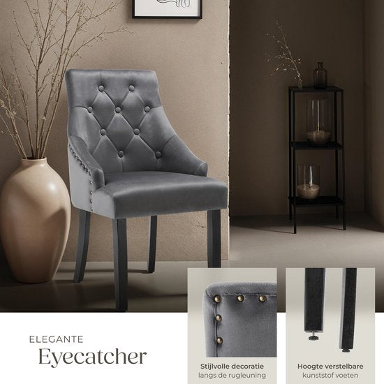 tectake 2 Eetkamerstoelen Set – Fluweellook & Armleuningen – Draagvermogen 120 kg – 52 x 57 x 91 cm – Donkergrijs/Zwart