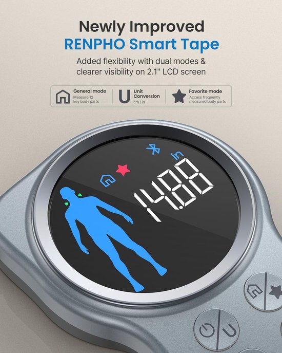 Renpho Smart Body Tape Measure+ - Slim meetlint voor het lichaam - Omtrekmeter - met Renpho Health App - 150 cm