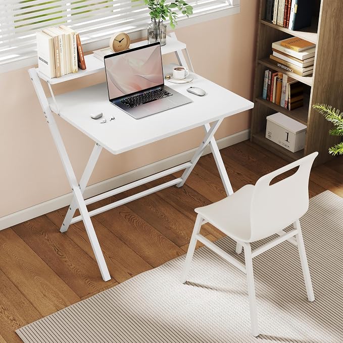 Yaheetech Opvouwbaar Bureau 80 x 50 cm - Wit - Computertafel met Monitorverhoger en Opbergplank
