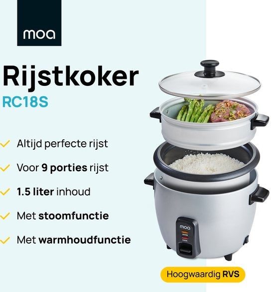 MOA Rijstkoker met Stomer 1,5 liter - RVS - RC18S