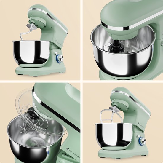 KitchenBrothers Keukenmachine - 1200W - Keukenrobot - 5L - Broodmixer - Mixer met Mengkom - Keukenmixer - Pastelgroen
