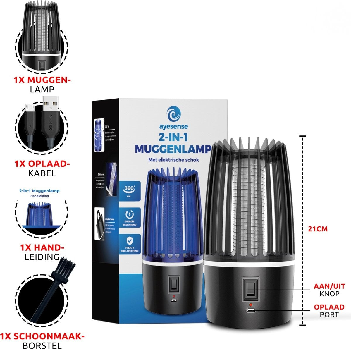 Professionele AyeSense 2 in 1 Muggenlamp - Draadloos & Oplaadbaar - 4000mAh ingebouwde Batterij - Muggenvanger – Insectenlamp– Muggenlamp UV