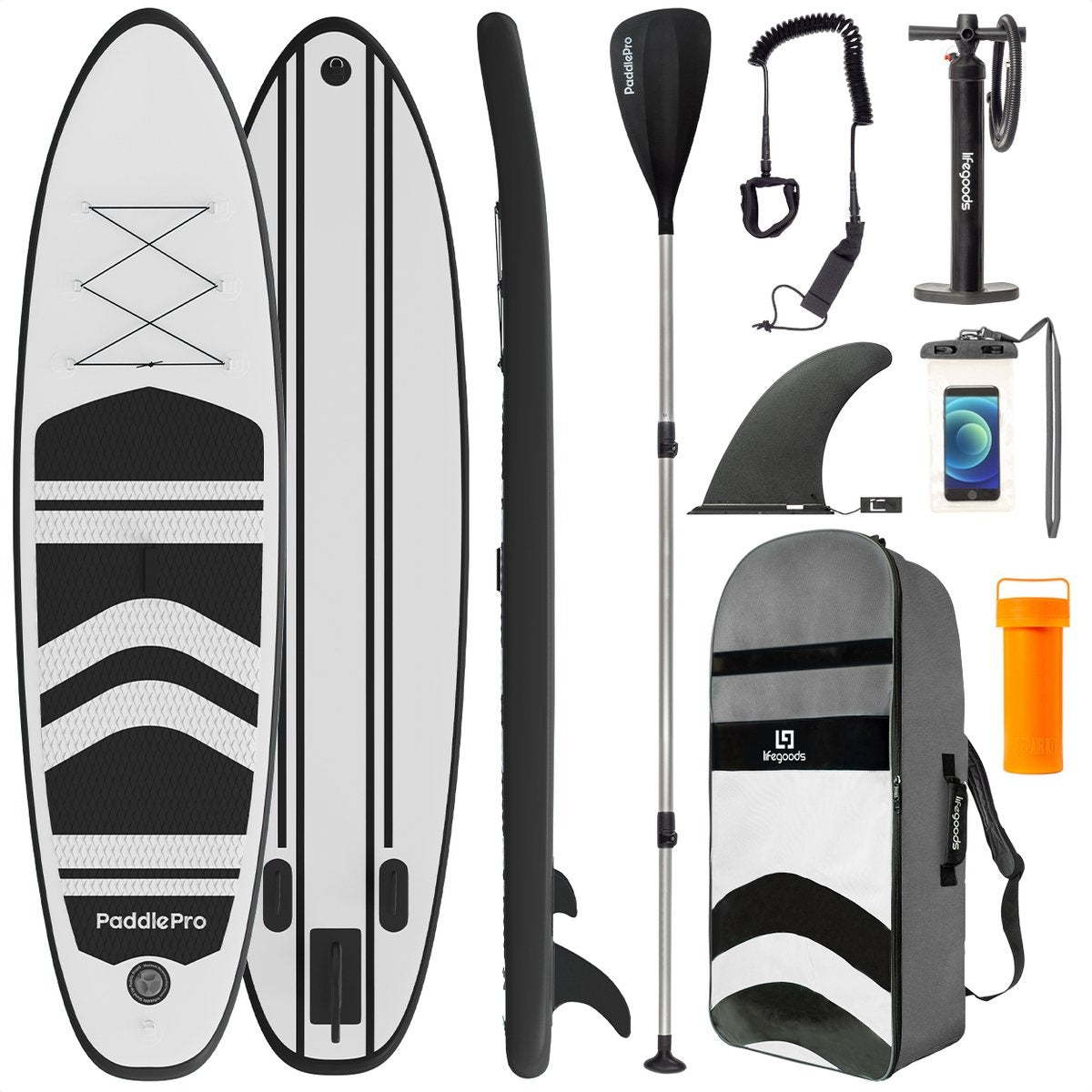 LifeGoods SUP Board - Opblaasbaar Paddle Board - Complete Set - Max. 135KG - 320x81cm - Wit/Zwart