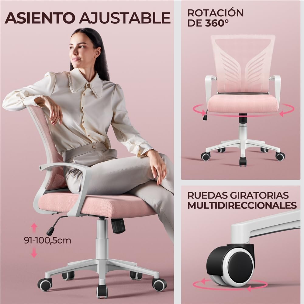 Yaheetech Bureaustoel Draaibaar - Mesh - Roze - Ergonomische Lendensteun - Verstelbare Hoogte - Kantelfunctie