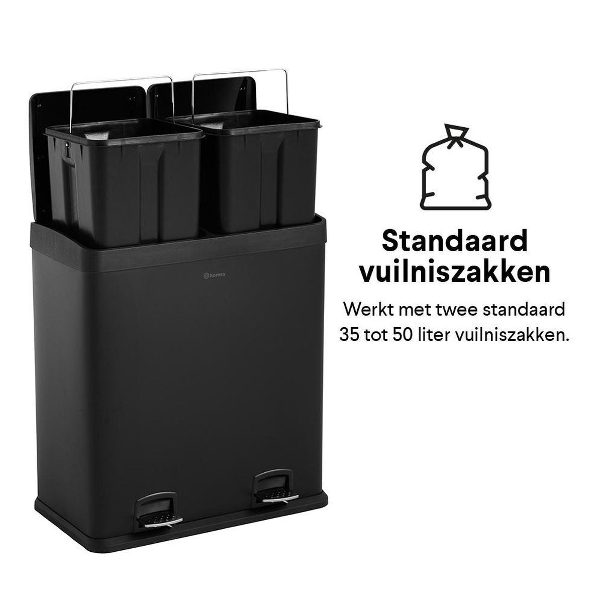 Homra NEVIQ Afvalscheiding Prullenbak MET 2 vakken - 2 x 30 L inhoud - Duo pedaalemmer - Zwart