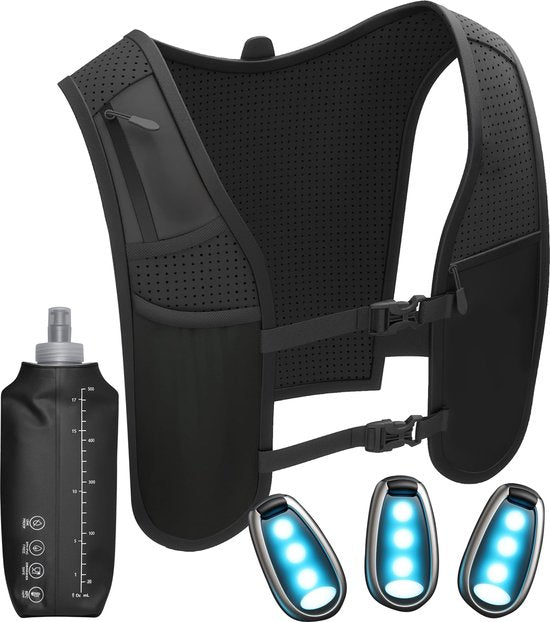 Nuvance Hardloopvest - 3x LED - Running Vest met Verlichting - Hardloop Vest - Loopvest incl. Waterfles en Telefoonvak - Universeel