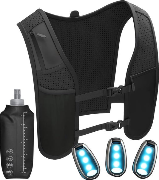 Nuvance Hardloopvest - 3x LED - Running Vest met Verlichting - Hardloop Vest - Loopvest incl. Waterfles en Telefoonvak - Universeel