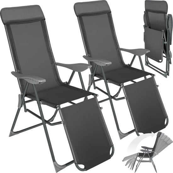 tectake® - Set van 2 klapstoelen - Aluminium tuinstoelen - Inklapbaar met hoofdsteun en voetensteun - Ligstoelen voor in de tuin, terras of balkon - Campingstoel - Antraciet