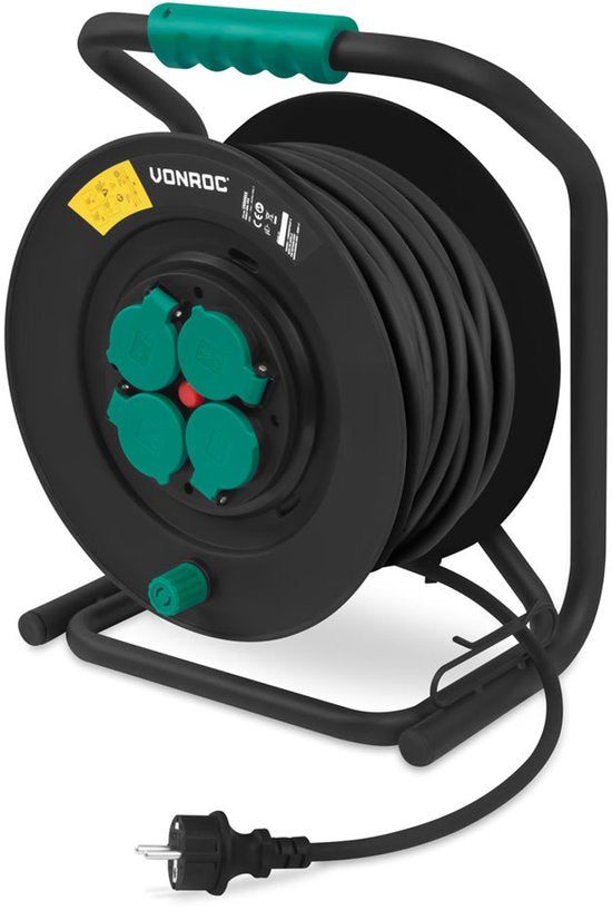 VONROC PRO Kabelhaspel 50m – IP44 – Neopreenkabel H07RN-F 3x1,5 mm² – 4 geaarde Schuko stopcontacten – 3000W (uitgerold)/1100W (opgerold) – Vaste kern – Thermische beveiliging