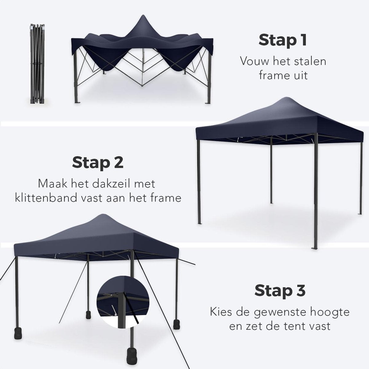 LifeGoods Partytent - Paviljoen - EasyUp - Opvouwbaar - Waterdicht - Met Draagtas met wieltjes - 300 x 300 cm - Donkerblauw