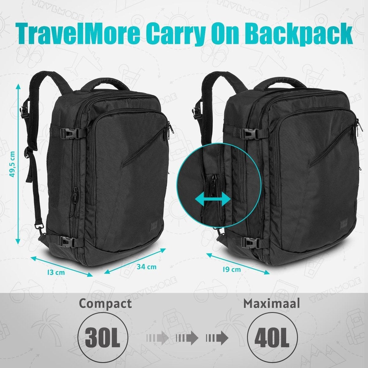 TRVLMORE Reistas - 40L - Rugzak - Handbagage Weekendtas - Backpack - Spatwaterdicht Zwart