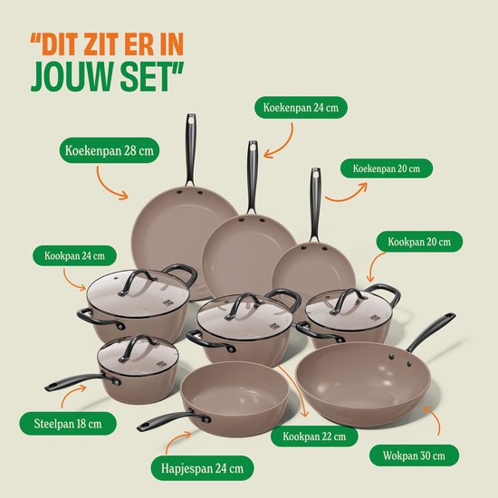 Cook & Pan 9-Delige Pannenset Taupe of Mind - PFAS vrij - Alle Warmtebronnen - Pannen Set met 7 jaar Garantie - Krasbestendige Anti Aanbaklaag - Vaatwasserbestendig - Gas, Inductie, Elektrisch, Oven - Koekenpan, Wokpan, Steelpan, Hapjespan, Kookpot