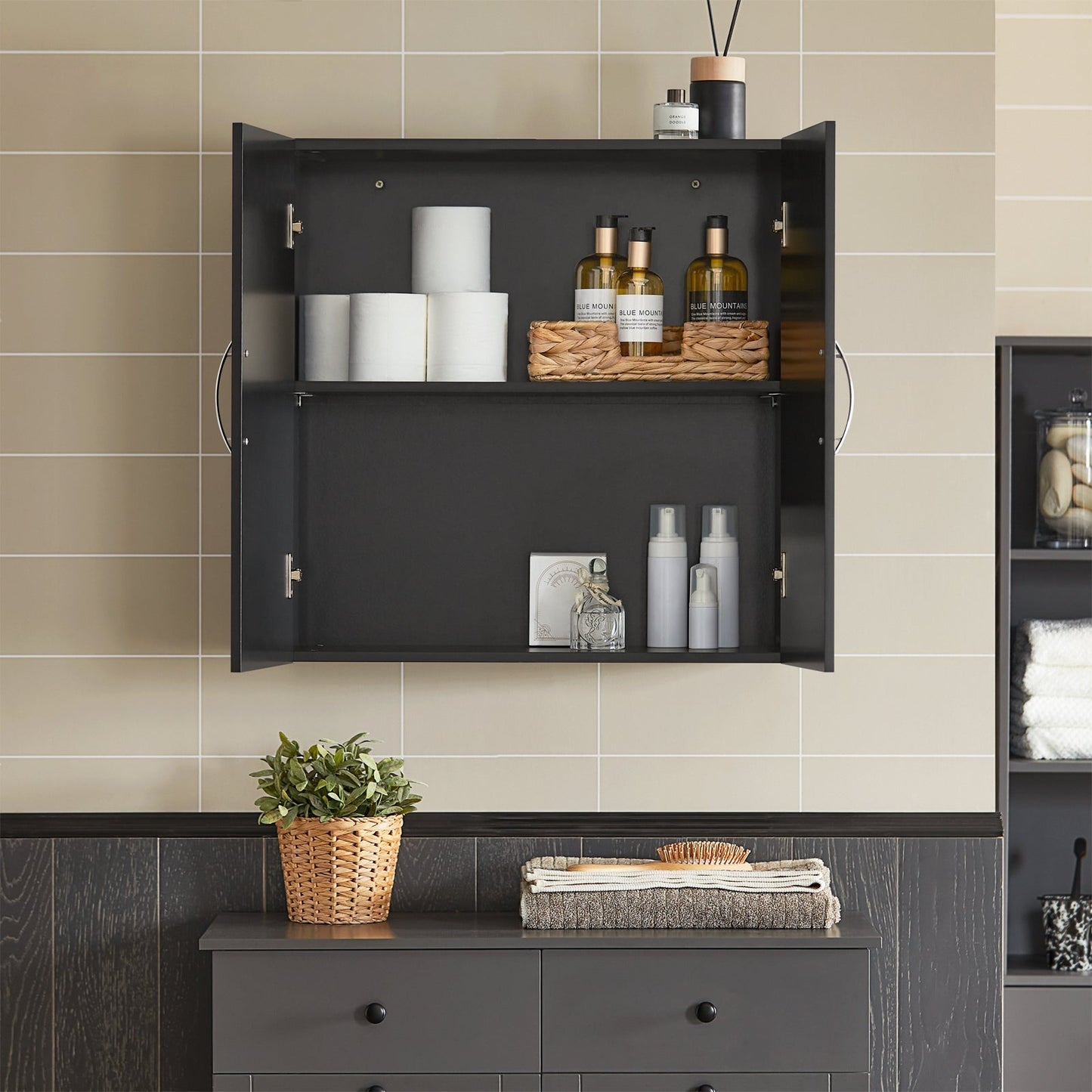 SoBuy Wandkast met 2 Deuren - 60x30x60 cm - Zwart - Verstelbare Plank