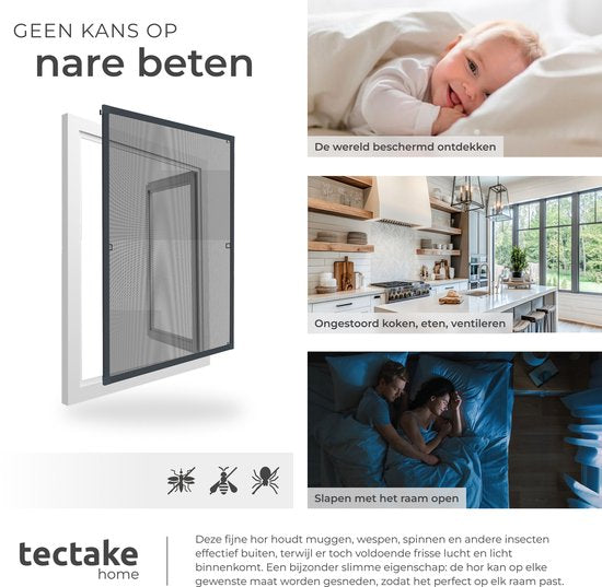 tectake® Inzethor - Raamhor - 130 x 150 cm - Voor Raamkozijnen, op maat verstelbaar zonder boren en schroeven - Muggengaas - Antraciet