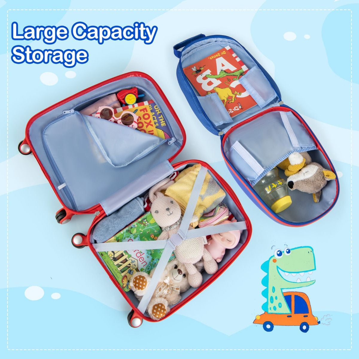 Coast 2-Delige Kinderkofferset - Trolley en Rugzak - Blauw/dinosaurus