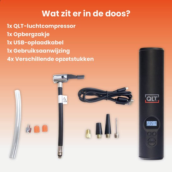 QLT Draadloze Luchtcompressor met LED Verlichting - Elektrische pomp - Inclusief USB-Oplaadkabel en 4 Opzetstukken - 10,3 Bar - LCD-display - Zwart