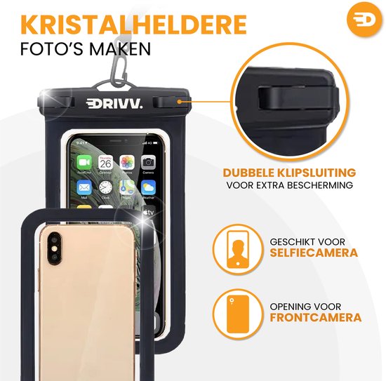 Drivv. Waterdicht Telefoonhoesje – Set van 2 - Dubbele Klipsluiting - Tot 6.7 inch – Onderwater Hoesje Telefoon - Zwart