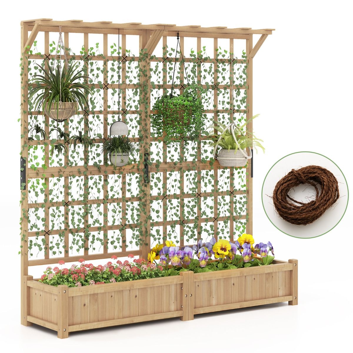 Coast Houten Plantenbak met Latwerk - 2 plantenbakken - hangend dak - naturel - 180 x 48 x 183 cm