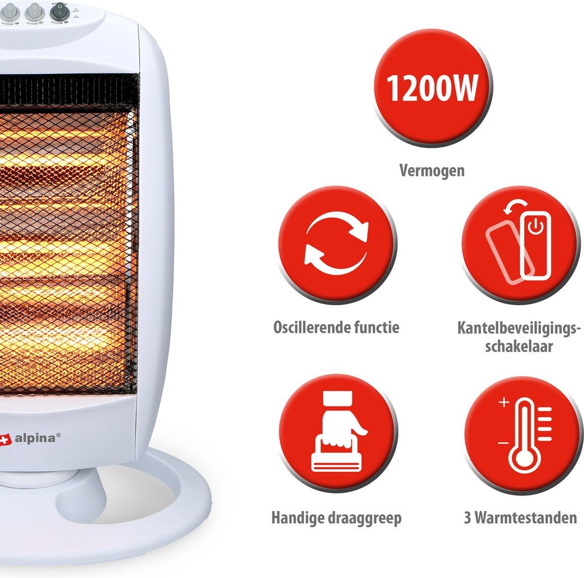alpina Elektrische Kachel - Halogeen Heater - 3 Warmtestanden - 1200W