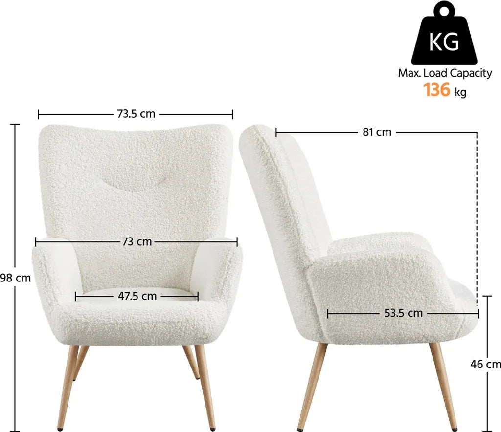 Yaheetech Relaxstoel 73,5 x 81 x 98 cm - Wit - Scandinavische Fauteuil met Bouclé Bekleding