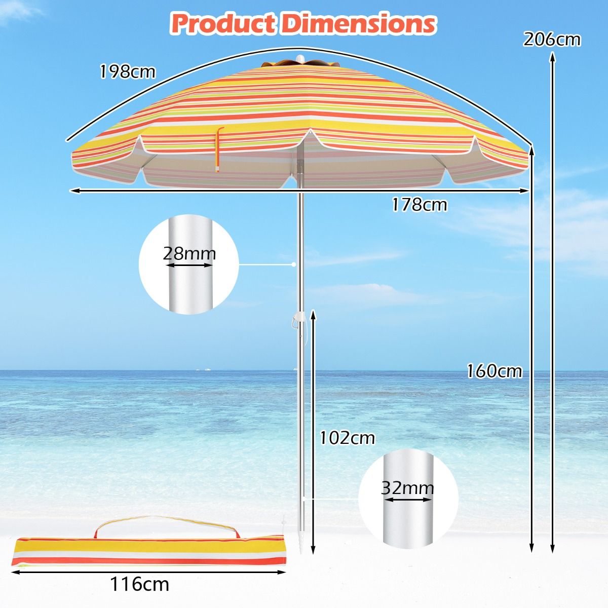 Coast Strandparasol Ø198 x 206 cm – Rood/Geel – Draagbaar zonnescherm met zandanker & draagtas