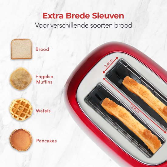 KitchenBrothers Retro Broodrooster - Toaster - 6 Warmteniveaus - 2 Extra Brede Sleuven - 815W - Rood