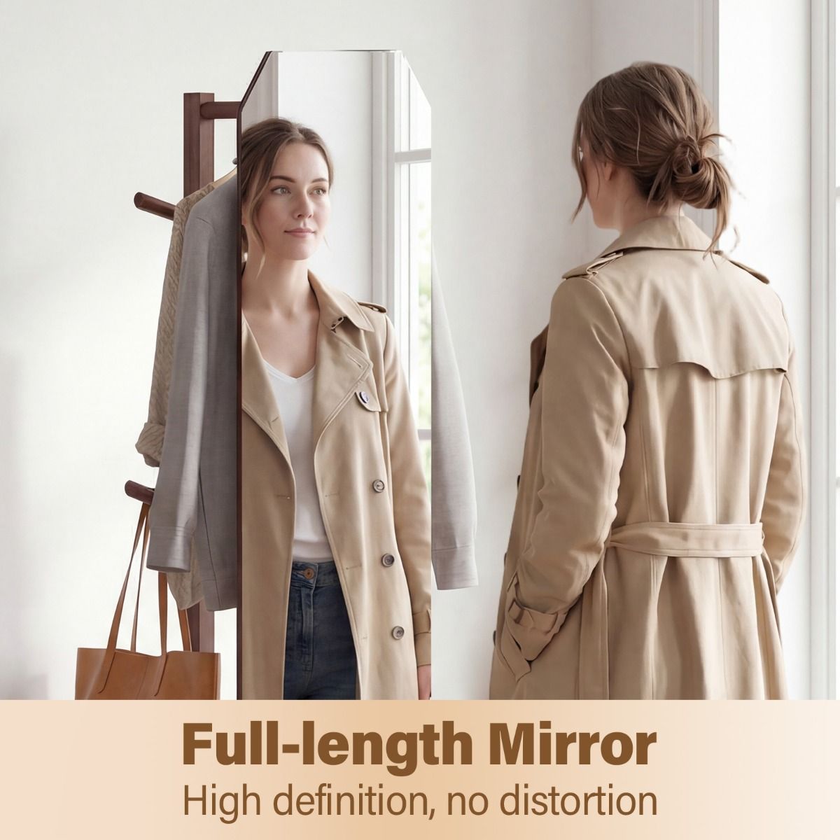 Coast Volledige Lichaamsspiegel met Standaard - 3-in-1 Garderobe - 360° Draaibaar - Walnoot