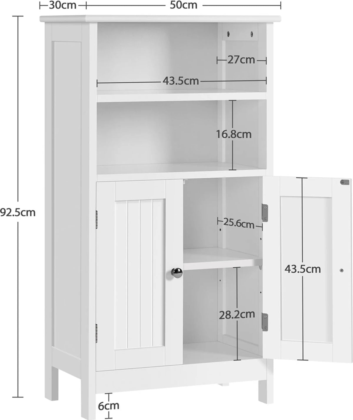 Yaheetech Badkamerkast met Dubbele Deur en Verstelbare Plank - 92,5 x 50 x 30 cm - Wit