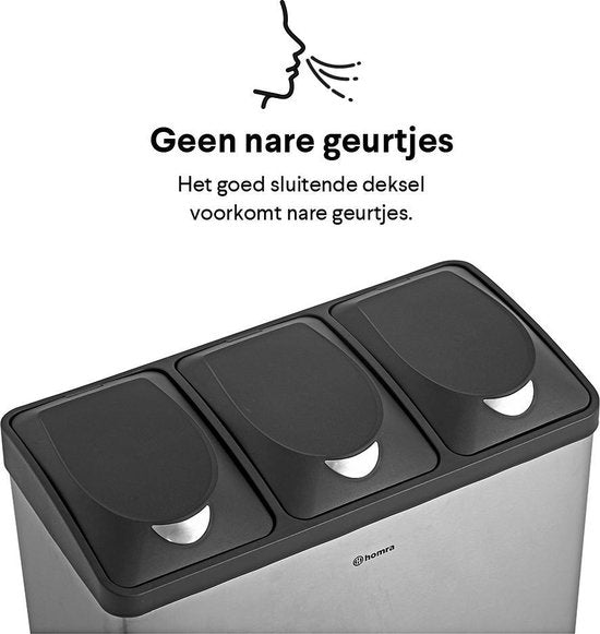 Homra Stephs Prullenbak Afvalscheiding 45 Liter - RVS Prullenbak 3 vakken - Trio Prullenbak 3 X 15 Liter - Pedaalemmer - Vuilnisbak voor huishouden en kantoor - Recycle Vuilbak keuken Afvalemmer - Afvalscheidingsprullenbakken