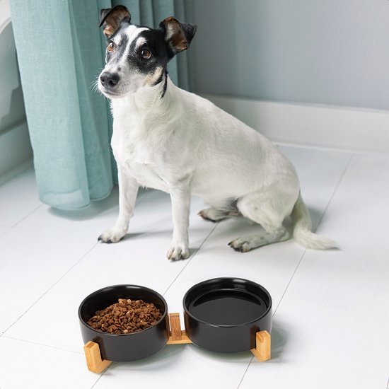 Voerbak Hond - Voerbak Kat - Drinkbak - Met Standaard - 2x 400 ml - Maat S - Zwart