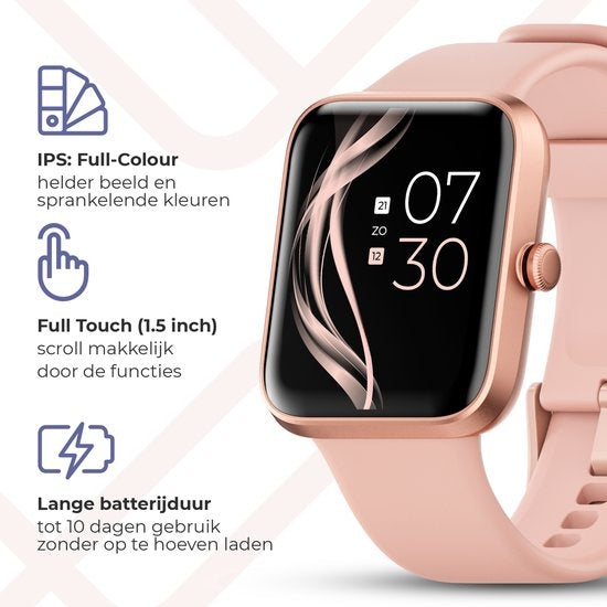 Lunis Smartwatch Dames & Heren Rosé Goud - siliconen armband - kunststof - 7/10 dagen gebruikstijd zonder op te laden - Variatie in sportfuncties