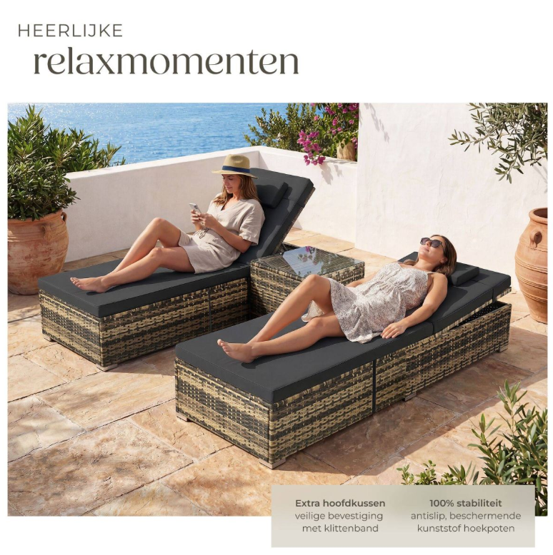 Tectake Wicker Tweepersoons Ligbed Carbonera - Natuur - 62 x 196 x 36 cm - Set van 2, met Bijzettafel
