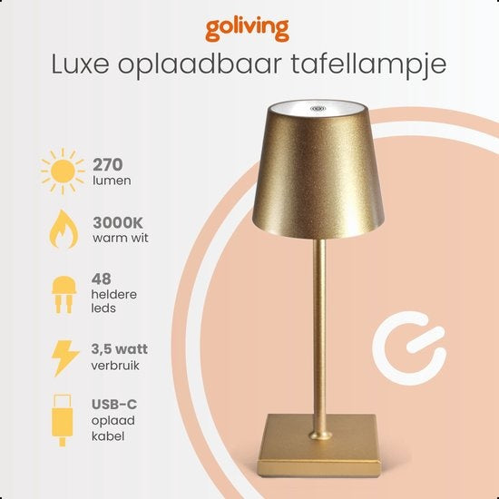 Goliving Tafellamp Oplaadbaar – Draadloos en dimbaar – Moderne touch lamp – Nachtlamp Slaapkamer – 26 cm – Goud