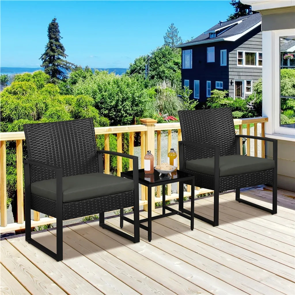 Yaheetech Tuinmeubelset 3-delig - Zwart/Grijs - Polyrattan Balkonset met Bijzettafel