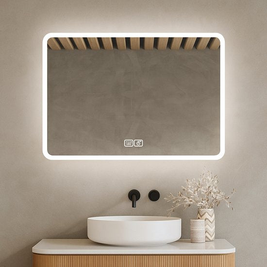 Bayt Badkamerspiegel - Badkamerspiegel met verlichting - Wandspiegel - 3 LED standen - Anti-Condens - 75x52 cm