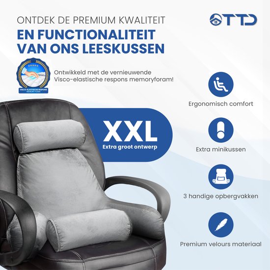 TTD® Premium XXL Leeskussen met Nekrol - Bookseat - Leeskussen voor in Bed - Ergonomisch Zitkussen met Verstelbare Vulling - Boekkussen - Inclusief Extra Minikussen - Fluweelzacht - Wasbare Hoes