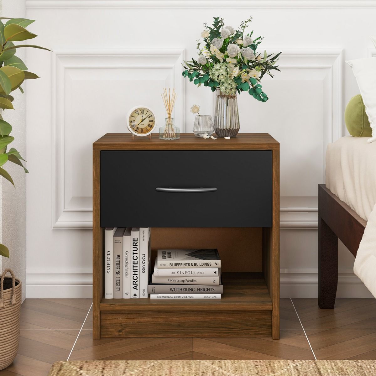 Coast Nachtkastje - met lade en open opbergplank - compact design - bruin en zwart - 38,5 x 28 x 40,5 cm