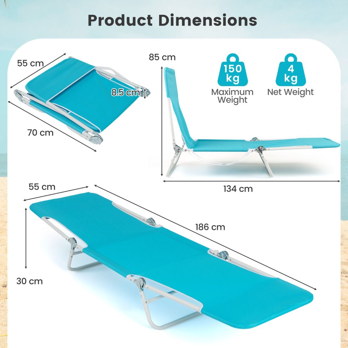 Coast Opvouwbare Ligstoel 2-Delig - 5 Standen Verstelbaar - Blauw - 186x55x30 cm