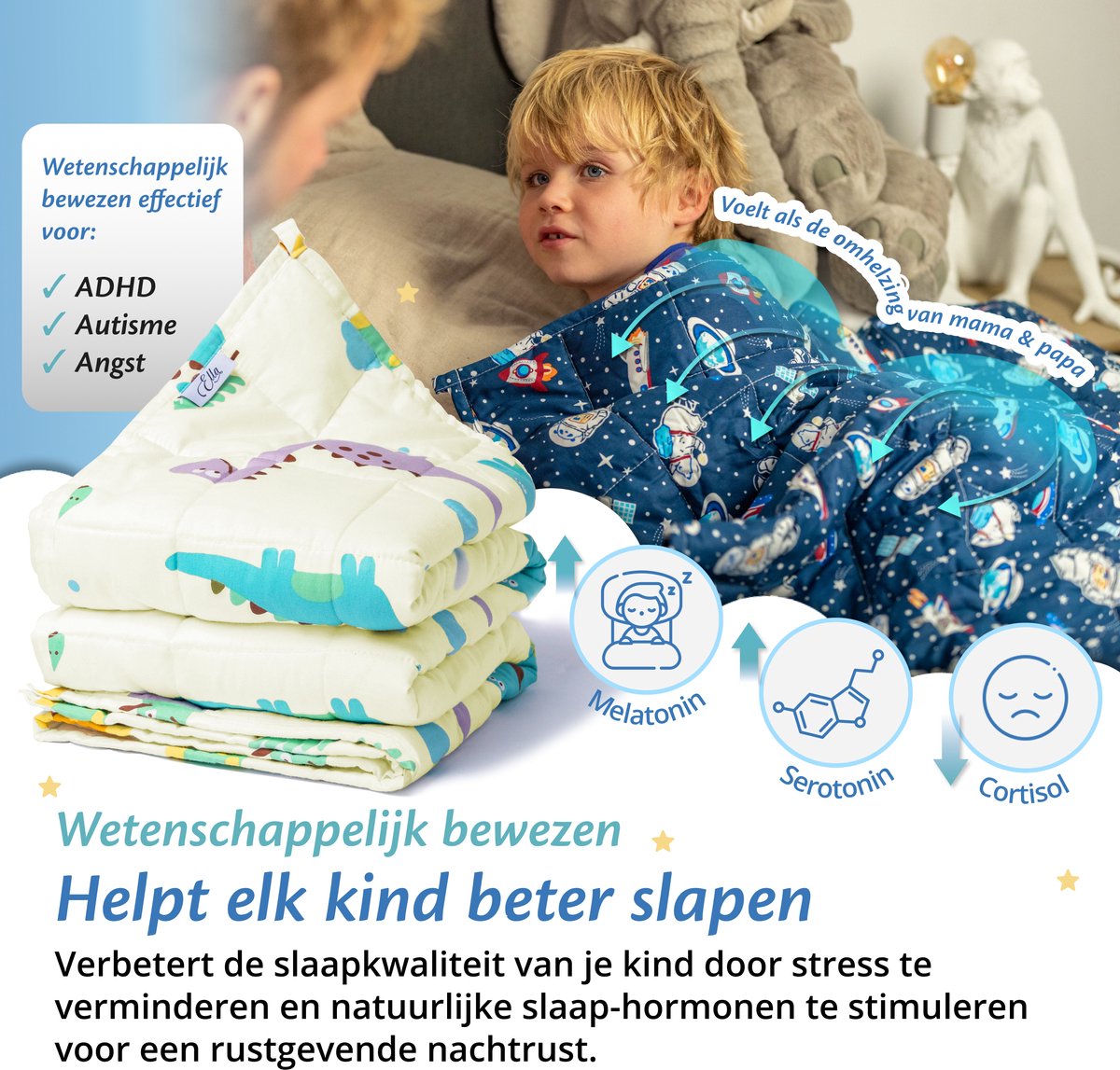 EL-Life Verzwaringsdeken Kind 3,2kg - 100 x 150cm - Zwaartedeken - Weighted Blanket - Verzwaarde Deken - OEKO-TEX Katoen - Ruimte & Astronauten