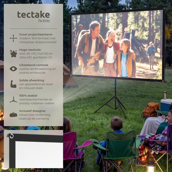 tectake® Beamer Scherm - 80 Inch - 16:9 Projectiescherm met Statief - 4K HD - Oprolbaar - Uittrekbaar - Projectiedoek - Presentatiescherm - Inclusief Draagtas