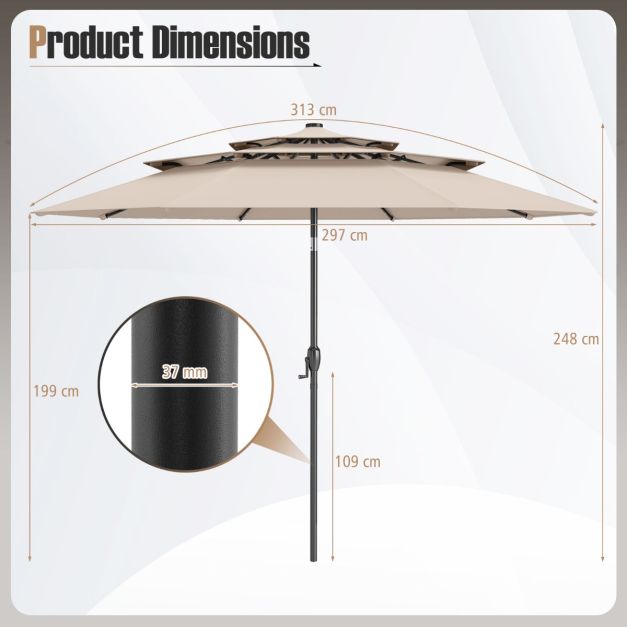 Coast 3-Laags Terrasparasol Ø313 cm - Solar LED - Kantelbaar - Slingerbediening - Beige