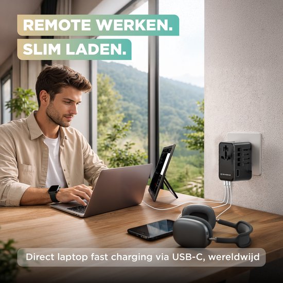 Remodius® Wereldstekker PRO - 220+ landen - Universele Reisstekker met PD100W Ultra USB C Snelladen voor Laptops, Telefoons, Tablets, en meer - 3x USB-C - 1x USB-A