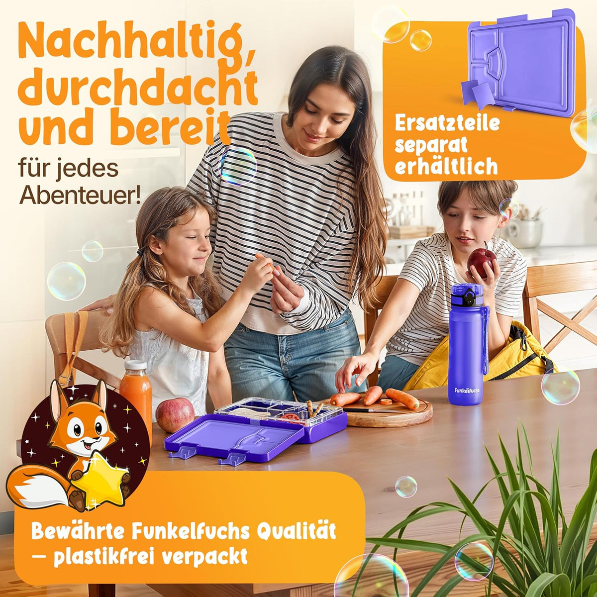 Funkelfuchs® - Lunchbox kinderen met vakverdeling - 800ml, paars - Lunchbox maanlicht, groot - Snackbox, snackbox, broodtrommel, maaltijdbox, bentobox kinderen - voor school, crèche en kinderdagverblijf