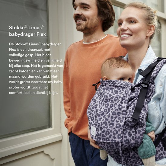 Stokke Limas Carrier Flex, Leopard Lilac - 2023-versie (OCS) - Babydrager met gesp - Drie draagopties - Veilig voor baby's van 1 maand/ 4 kg tot 20 kg