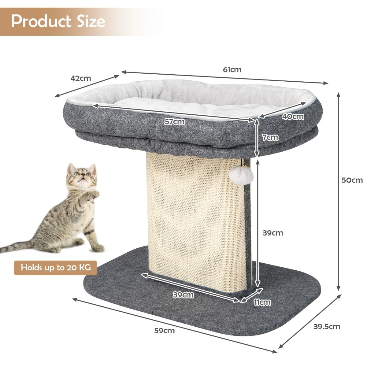 Coast Modern Scratch Tree Cat Furniture met grote pluche stoel en sisal krasplaat grijs