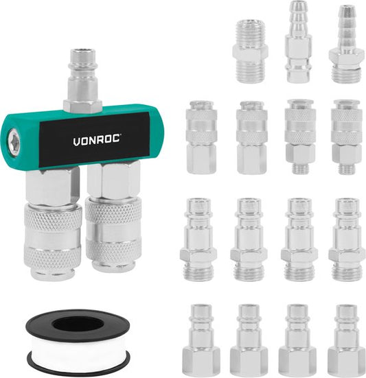 VONROC Luchtkoppelingen set – 16-delig – Accessoireset voor persluchtsystemen – 1/4" – EU-RO/DIN 7.2 mm - ORION