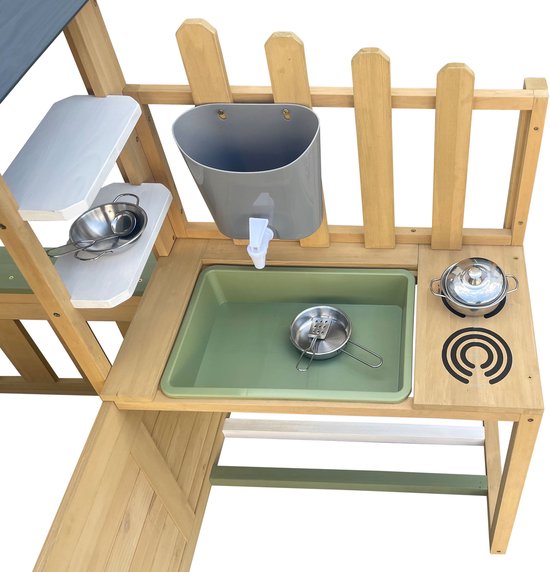 AXI Lizz Speelhuis Bruin/antraciet – Houten Speelhuisje met Speelkeuken, Krijtbord, Spiegel, Bloempotten en accessoires – FSC hout – Tuinhuisje voor Kinderen – 10 jaar garantie