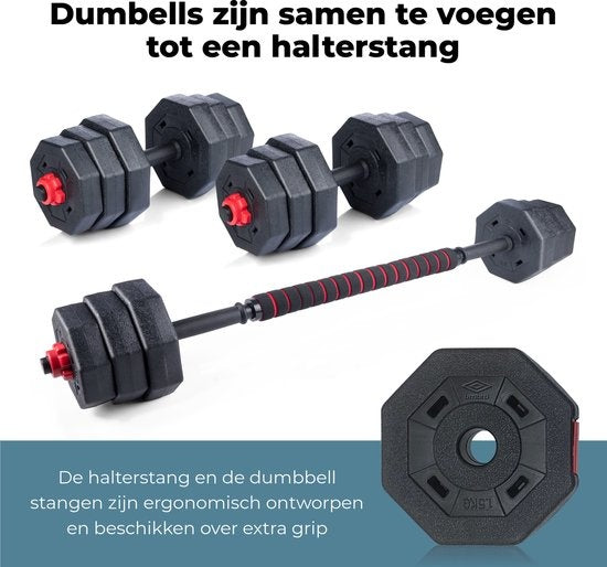Umbro Halterset - 20 KG - Verstelbare Dumbells en Barbell - Gewichten van 1.25 KG, 1.5KG en 2KG - Kunststof
